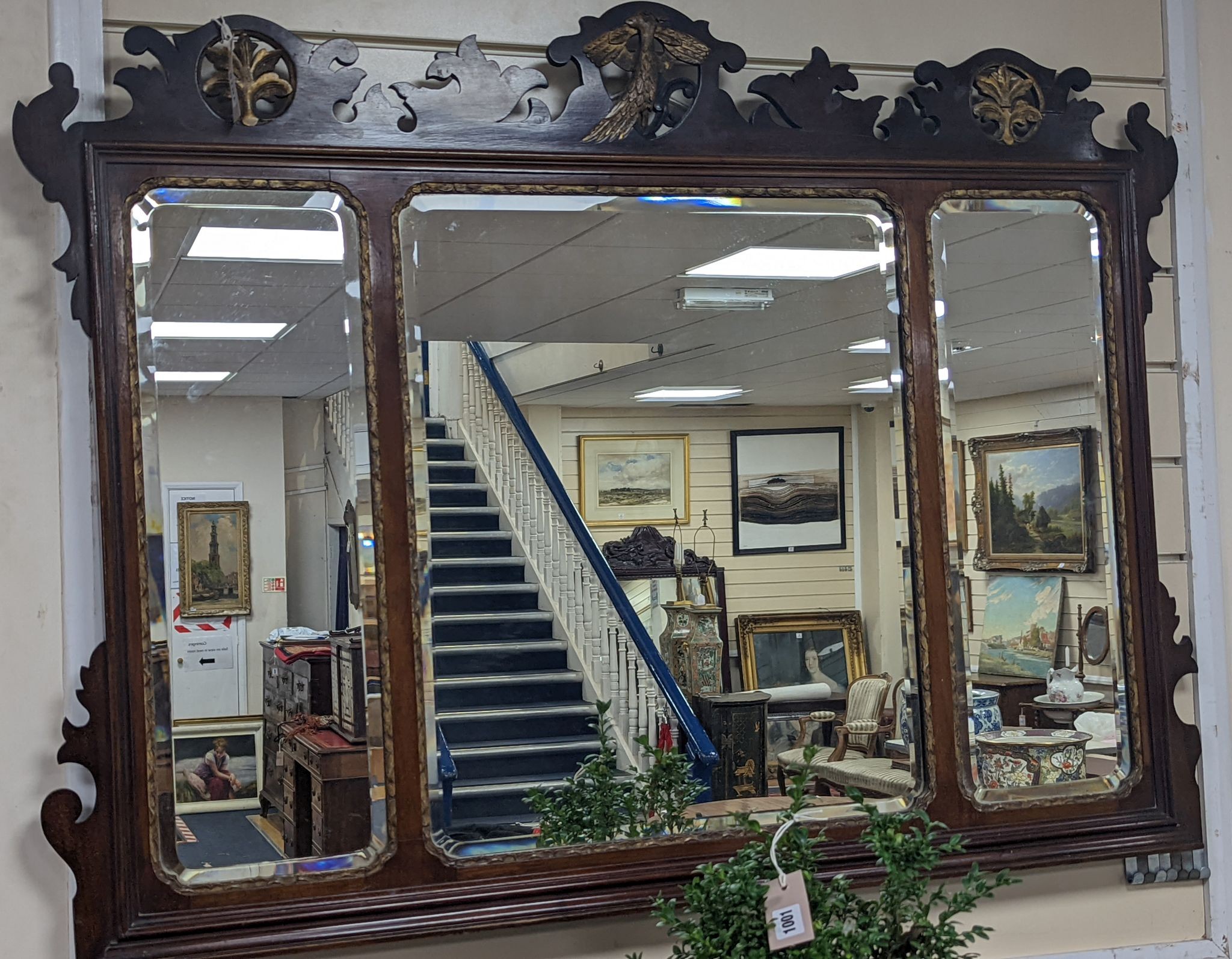 An Edwardian George III style mahogany fret cut triple plate overmantel mirror, width 116cm, height 86cm